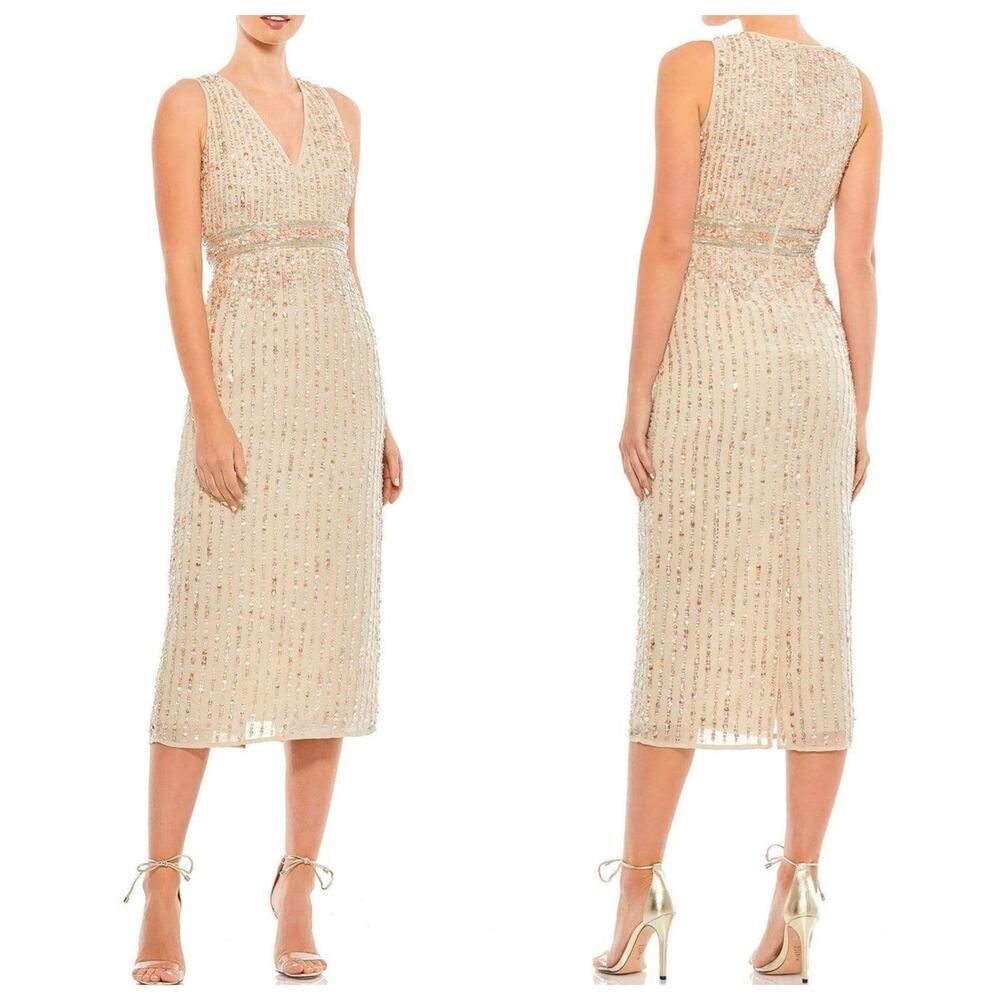 Mac Duggal Beaded Sequin Midi Dress Size 4 NWT Champagne Sleeveless Formal